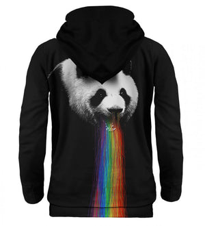 Szivárványt hányó panda mintás fekete kapucnis pulóver