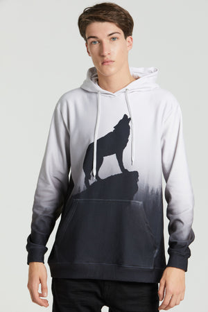 Farkas mintás fekete szűrke kapucnis pulóver