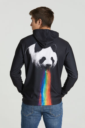 Szivárványt hányó panda fekete kapucnis pulóver férfi modellen