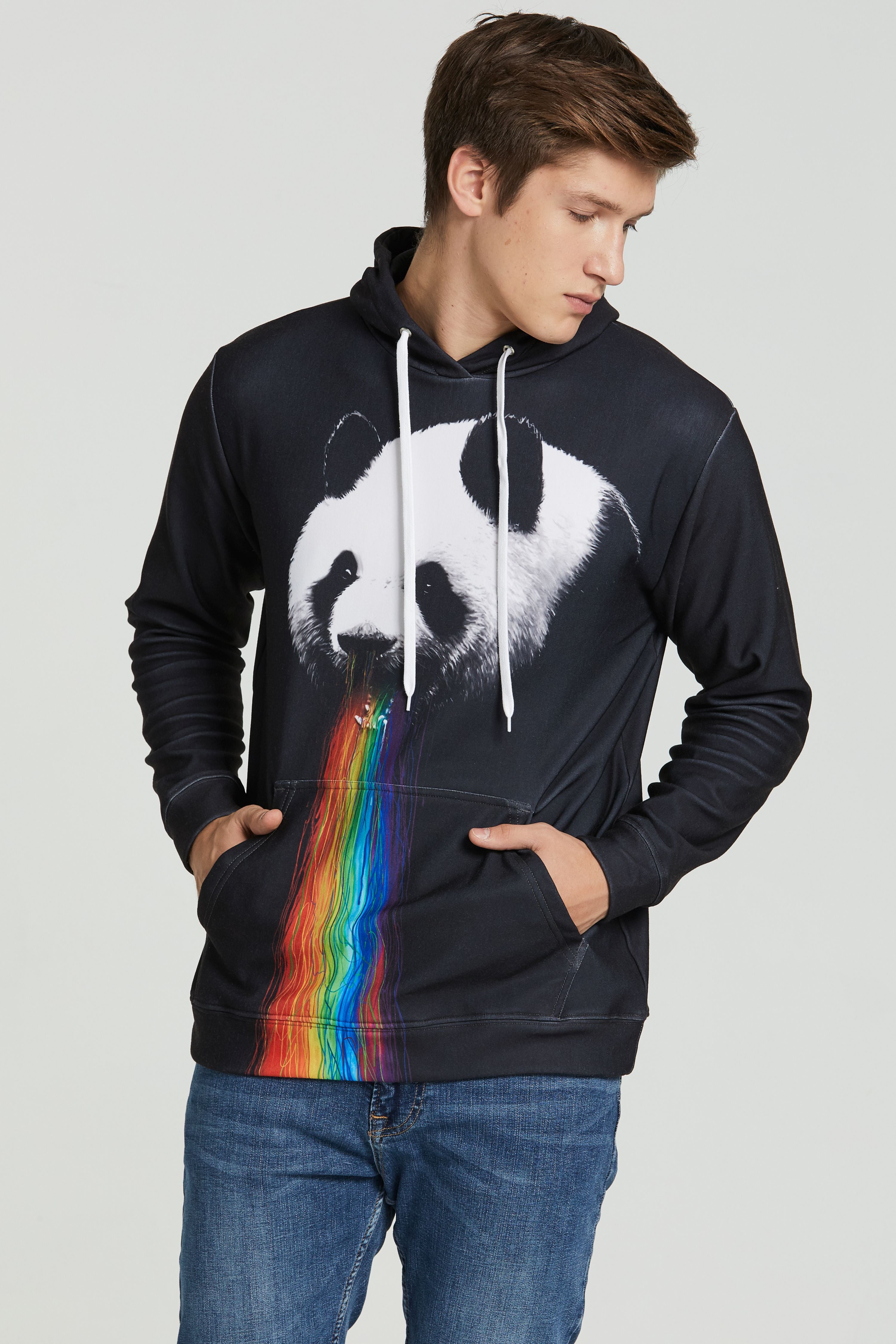 Szivárványt hányó panda fekete kapucnis pulóver férfi modellen